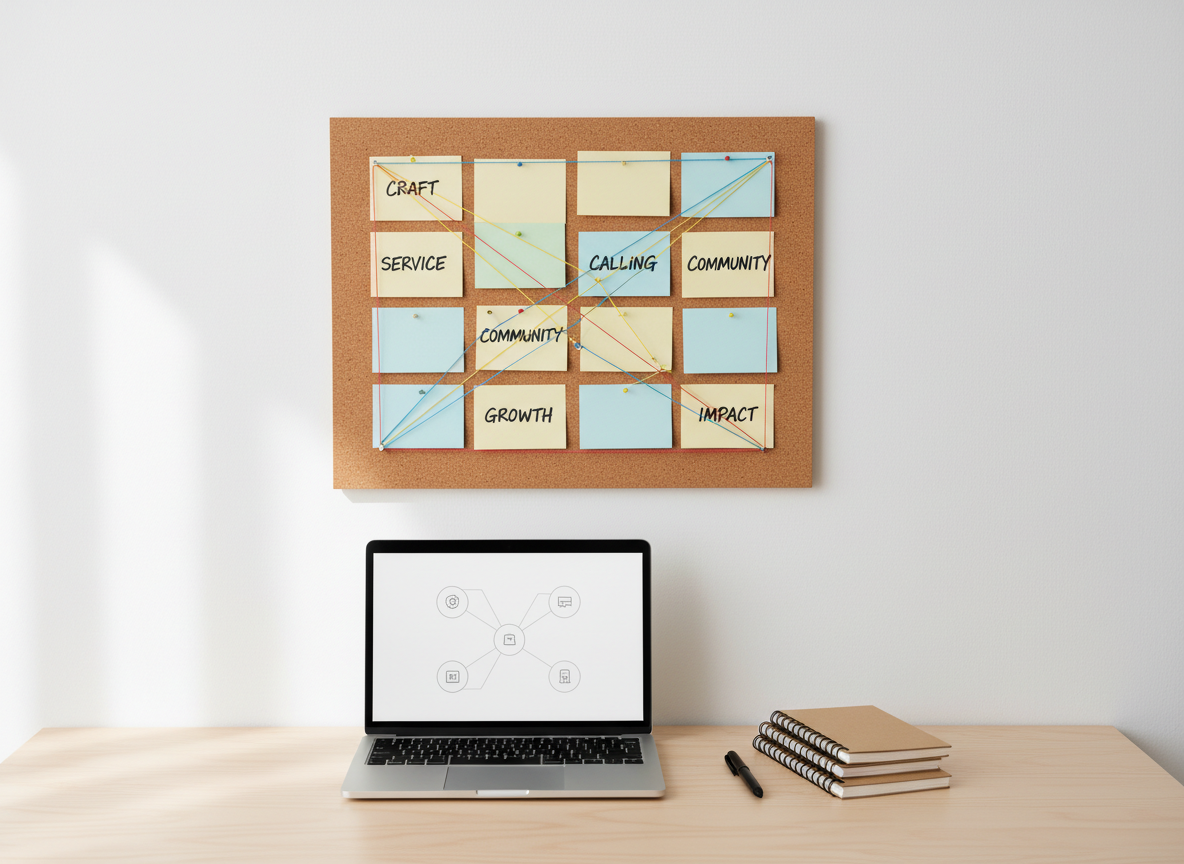 A simple corkboard mounted on a clean white wall, carefully arranged with overlapping index cards, neatly printed sticky notes, and a few colored string connections forming a subtle web of ideas. Each card bears keywords like “craft,” “service,” and “calling,” written in precise, dark ink. Below the board, a light birch desk holds an open laptop displaying a minimalist mind-mapping interface, alongside a small stack of neatly aligned notebooks. Soft, diffused daylight enters from an unseen side window, creating gentle, even illumination with minimal shadows. Photographic realism with a slightly elevated angle, sharp focus throughout, and a clean, modern aesthetic. The mood is organized and purposeful, visually representing the thoughtful process of mapping the intersections of one’s life work and everyday responsibilities.
