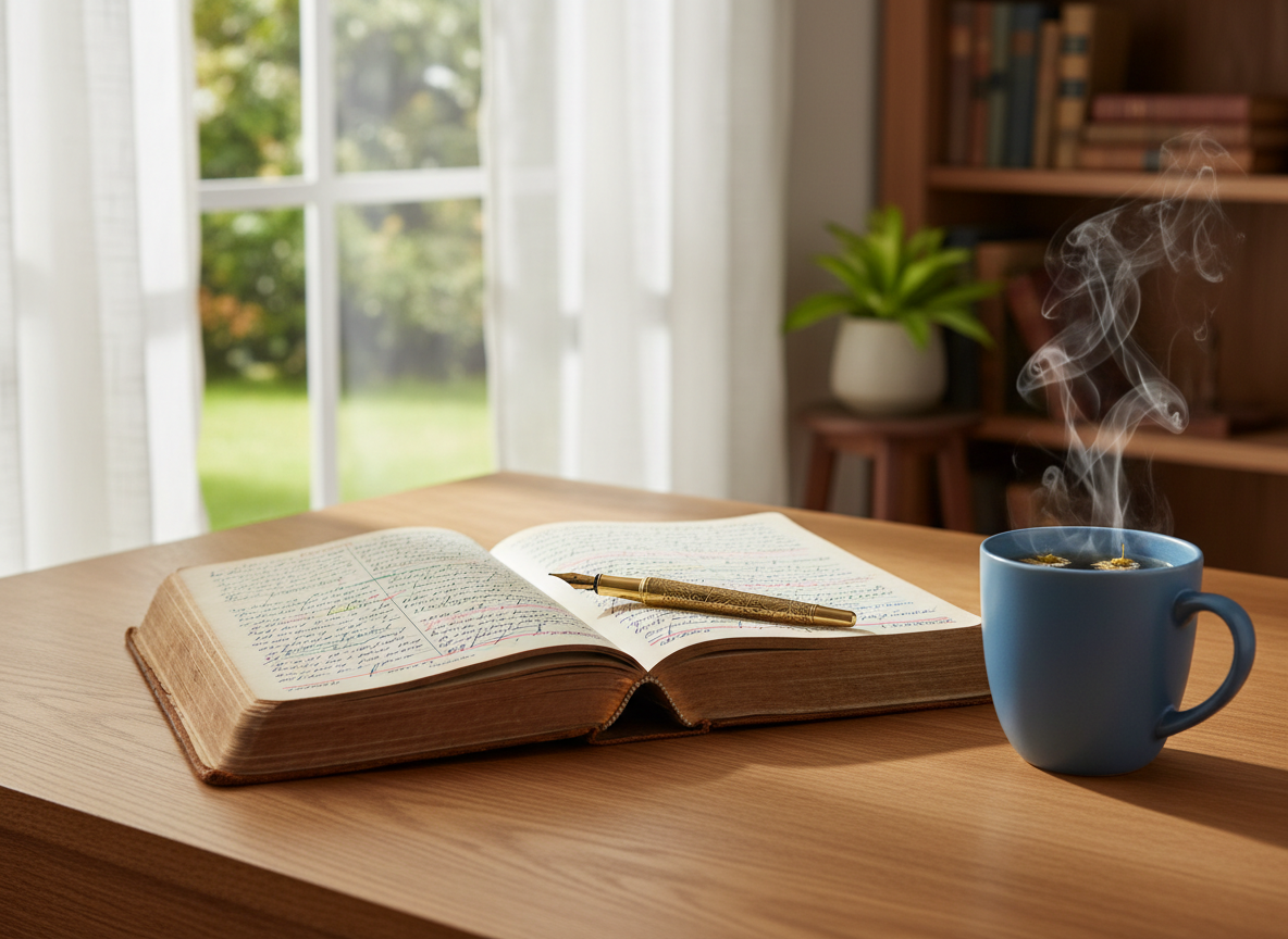 A well-worn leather journal lying open on a smooth oak desk, its creamy pages filled with neat, handwritten reflections and a few color-coded annotations. A finely crafted brass fountain pen rests diagonally across the spine, and a ceramic mug of herbal tea sits nearby, steam curling upward. The desk is positioned near a large window, with soft morning sunlight filtering through sheer white curtains, casting gentle, elongated shadows. In the softly blurred background, a tidy bookshelf and a small potted plant suggest a thoughtful workspace. Photographic realism, shot at eye level with a shallow depth of field, emphasizing the journal as the focal point. The mood is calm, contemplative, and professional, capturing the quiet discipline of reflecting on one’s life vocations.
